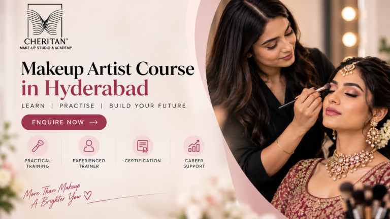 Cheritan makeup artist course in Hyderabad banner showing an artist applying eye makeup to a bride.