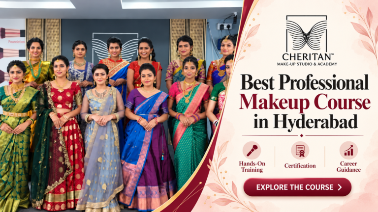 Cheritan professional makeup course in Hyderabad banner featuring a group in traditional bridal makeup and sarees.