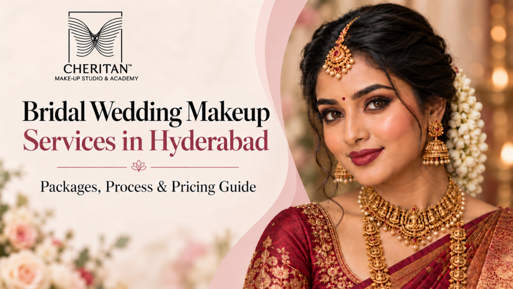 Cheritan bridal makeup services in Hyderabad banner featuring a South Indian bride in a burgundy saree and gold jewellery.
