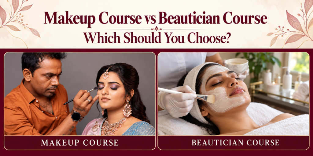 Makeup artist applying bridal eye makeup beside a facial treatment, comparing makeup and beautician courses.