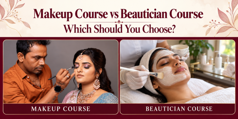 Makeup artist applying bridal eye makeup beside a facial treatment, comparing makeup and beautician courses.